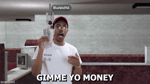A Man In A White Shirt Is Holding A Stack Of Money And Saying Gimme Yo Money GIF