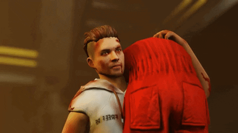 A Man In A White Shirt Is Holding Another Man In A Red Shirt .. GIF