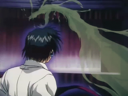 A Man In A White Shirt Is Looking At A Ghost GIF
