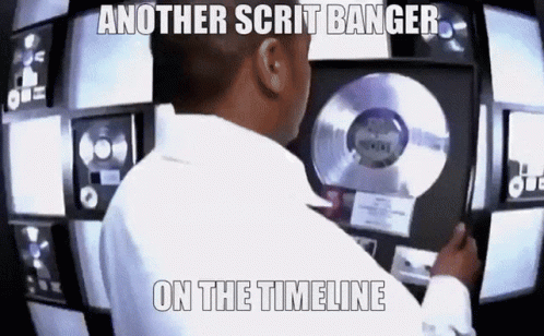 A Man In A White Shirt Is Looking At A Screen That Says " Another Scrit Banger On The Timeline " GIF