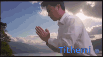 A Man In A White Shirt Is Praying With The Word Tithemi In Blue GIF