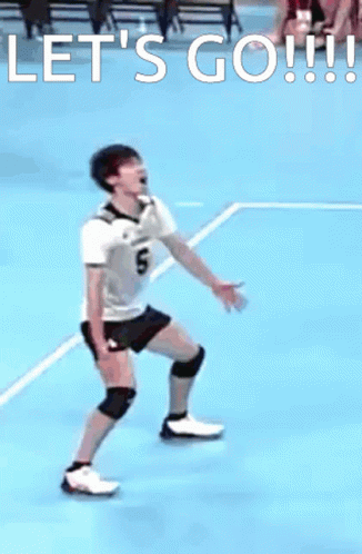 A Man In A White Shirt Is Running On A Blue Court With The Words Let 'S Go GIF