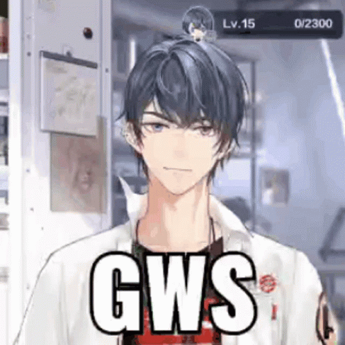 A Man In A White Shirt Is Standing In A Room With A Cat On His Head And The Word Gws On His Chest . GIF