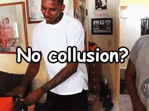 A Man In A White Shirt Is Standing In A Room With The Words " No Collusion " Written Above Him GIF