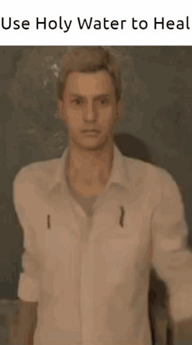 A Man In A White Shirt Is Standing In Front Of A Blackboard With The Words Use Holy Water To Heal Written On It . GIF