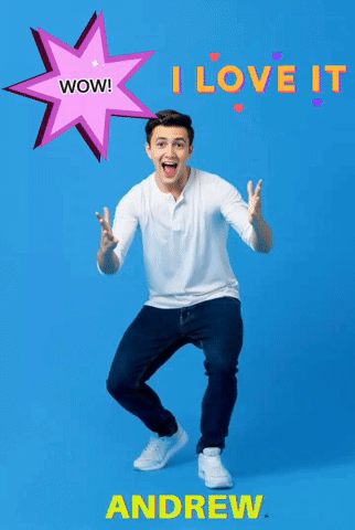 A Man In A White Shirt Is Standing In Front Of A Blue Background That Says I Love It GIF