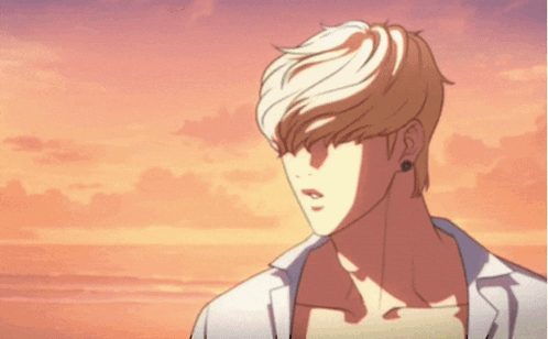 a man in a white shirt is standing in front of a sunset sky