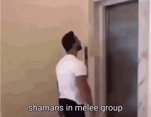 A Man In A White Shirt Is Standing In Front Of An Elevator With The Words `` Shamans In Melee Group '' Written On It . GIF