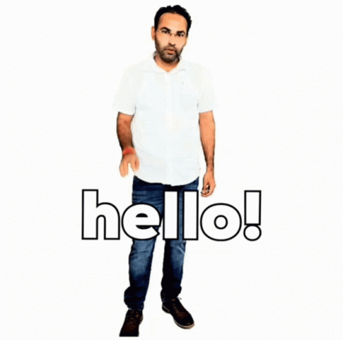 a man in a white shirt is waving his hand in front of the word hello