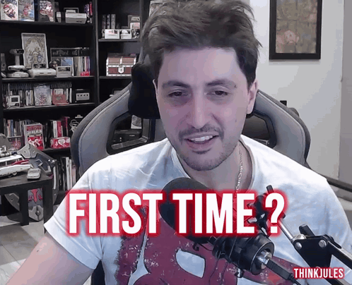 A Man In A White Shirt Says First Time GIF