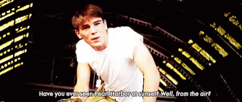 A Man In A White Shirt Says " Have You Ever Seen Pearl Harbor At Sunset " GIF