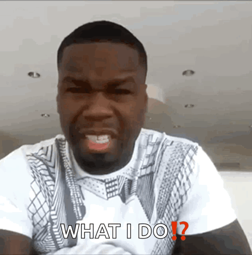 A Man In A White Shirt Says What I Do In Red Letters GIF