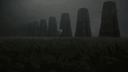 A Man In A White Shirt Stands In A Field With A Row Of Stones In The Background GIF