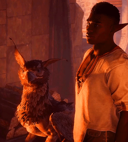 A Man In A White Shirt Stands Next To A Giant Bird GIF