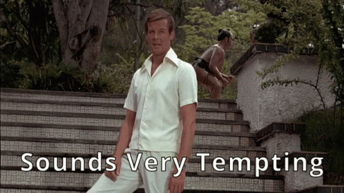 A Man In A White Shirt Stands On A Set Of Stairs With The Words Sounds Very Tempting Above Him GIF