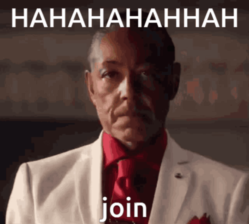 A Man In A White Suit And Red Tie Is Laughing With The Words Join Below Him GIF
