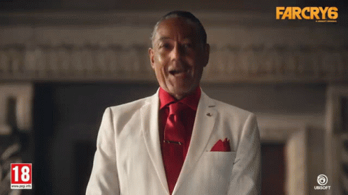 A Man In A White Suit And Red Tie Is Standing In Front Of A Far Cry 6 Advertisement GIF
