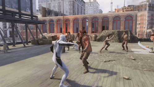 A Man In A White Suit Is Fighting A Man In A Red Shirt GIF