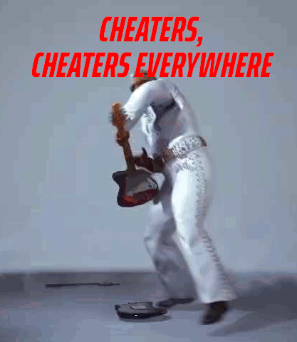 A Man In A White Suit Is Playing A Guitar With The Words " Cheaters Cheaters Everywhere " Written Above Him GIF