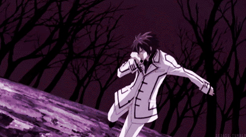 A Man In A White Suit Is Running Through A Purple Forest GIF