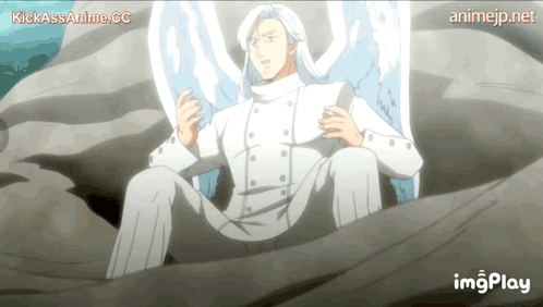 A Man In A White Suit Is Sitting On A Rock With The Words Kickassanime.cc At The Top GIF