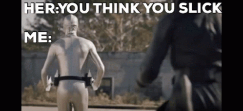 A Man In A White Suit Is Standing In Front Of A Woman On A Motorcycle And Says " Her You Think You Slick Me " GIF
