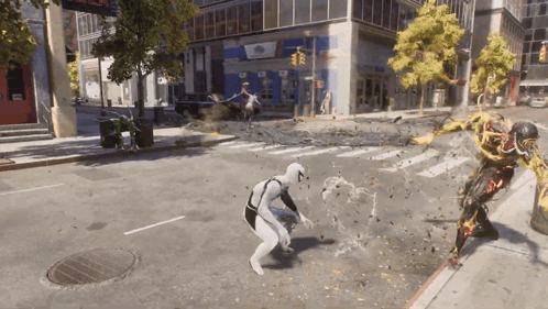 A Man In A White Suit Is Standing On A Street In Front Of A Building That Says ' Chase ' GIF