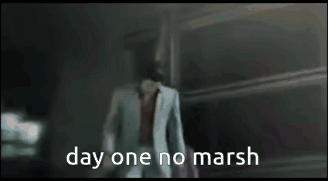 A Man In A White Suit Is Walking In A Dark Room With The Words Day One No Marsh On The Bottom GIF