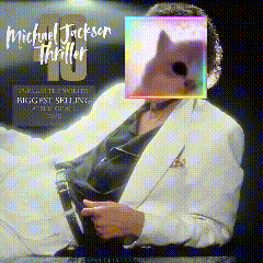 A Man In A White Suit With A Cat On His Face Is On A Michael Jackson Thriller Album Cover GIF