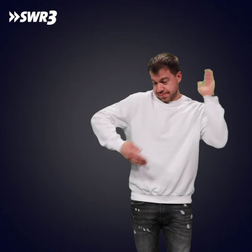 Man In White Sweater Throwing Frisbee With SWR3 Logo Behind GIF