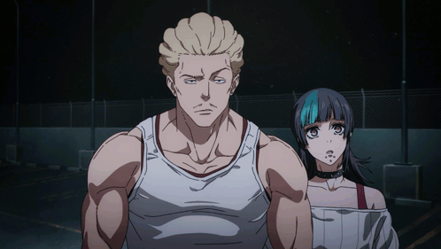 A Man In A White Tank Top Stands Next To A Girl With Blue Hair GIF