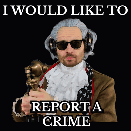 A Man In A Wig And Sunglasses Is Holding A Microphone And Says " I Would Like To Report A Crime " GIF