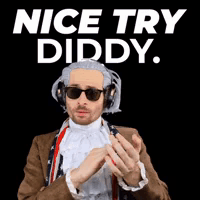 A Man In A Wig And Sunglasses Is Wearing Headphones And A Suit And Tie And Says Nice Try Diddy . GIF