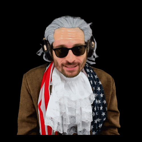 a man in a wig and sunglasses is wearing headphones and an american flag scarf