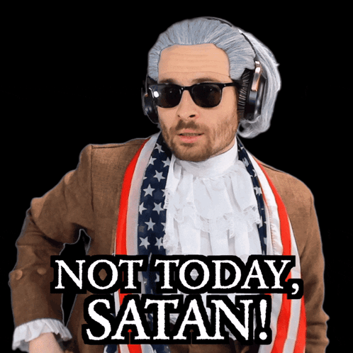 A Man In A Wig And Sunglasses Says " Not Today Satan " GIF