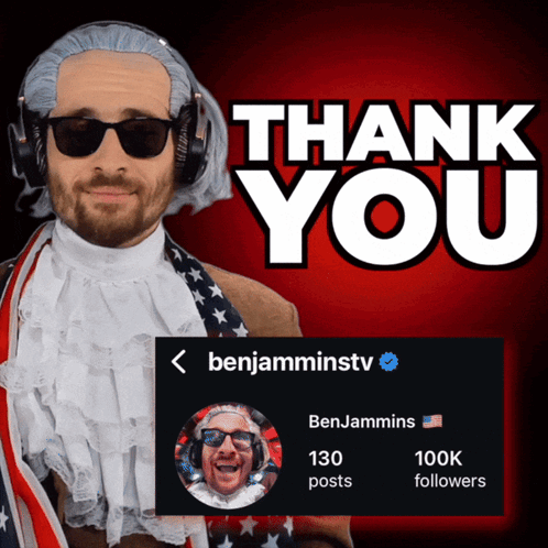 A Man In A Wig And Sunglasses Stands In Front Of A Thank You Sign GIF