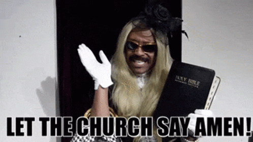A Man In A Wig Is Holding A Bible And Saying " Let The Church Say Amen " GIF