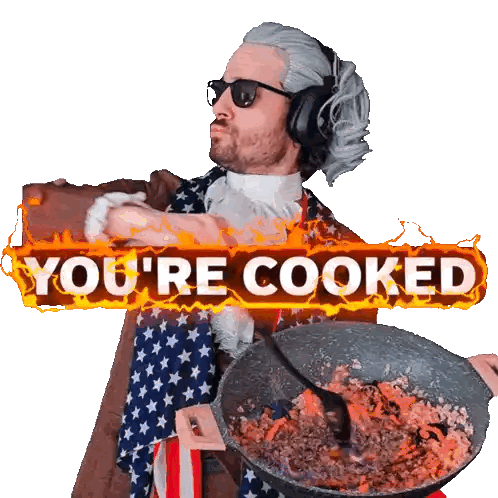 a man in a wig is holding a pan of food and a sign that says you 're cooked