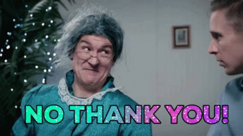 A Man In A Wig Says No Thank You To A Woman In A Blue Dress GIF
