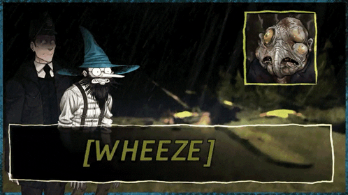 A Man In A Wizard Hat Stands Next To Another Man In A Suit And Tie With The Words Wheeze On The Bottom GIF