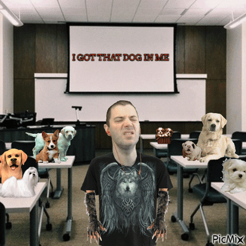 A Man In A Wolf Shirt Stands In Front Of A Screen That Says " I Got That Dog In Me " GIF
