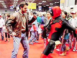 A Man In A Wolverine Costume Stands Next To A Woman In A Deadpool Costume At A Convention GIF