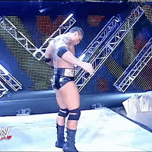 A Man In A Wrestling Outfit Is Standing On A Stage Holding A Bat . GIF