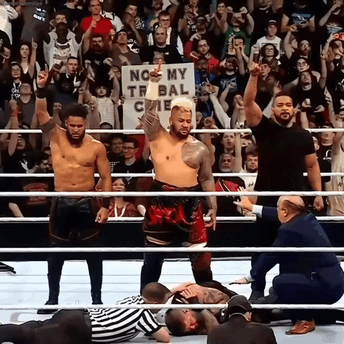 A Man In A Wrestling Ring Holds Up A Sign That Says No My Tribal Cie GIF