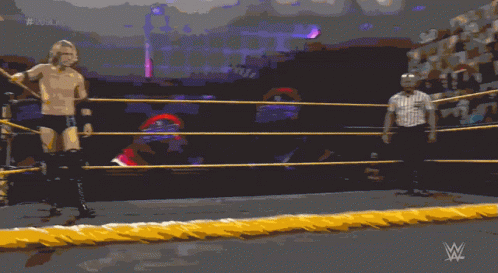 a man in a wrestling ring with a referee behind him and # 20 on the screen