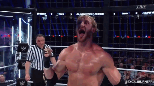 A Man In A Wrestling Ring With A Referee Behind Him And The Word Live On The Bottom GIF