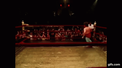 A Man In A Wrestling Ring With His Arms Outstretched . GIF