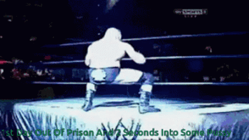 A Man In A Wrestling Ring With The Words " First Day Out Of Prison And 2 Seconds Into Some Pussy " Below Him GIF