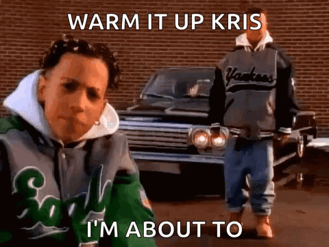 A Man In A Yankees Jacket Is Standing In Front Of A Car With The Words Warm It Up Kris I 'M About To GIF