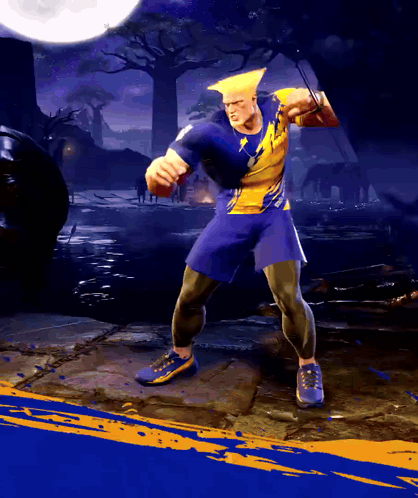 A Man In A Yellow And Blue Costume Is Standing On A Sidewalk In Front Of A Full Moon GIF